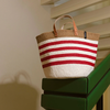Mono Basket - Zaya Stripe red, White & Brown with Leather Handles - (Medium)