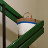 Mono Basket - Zaya Stripe Blue, White & Brown with Leather Handles - (Medium)