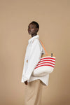 Mono Bag - Ella Solenne Resort Style Red, White & Brown with Long Leather Handles - Gaya Alegria