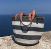 Mono Basket - Ella (Thick Stripe Grey & White & Long Leather Handles) | Gaya Alegria 